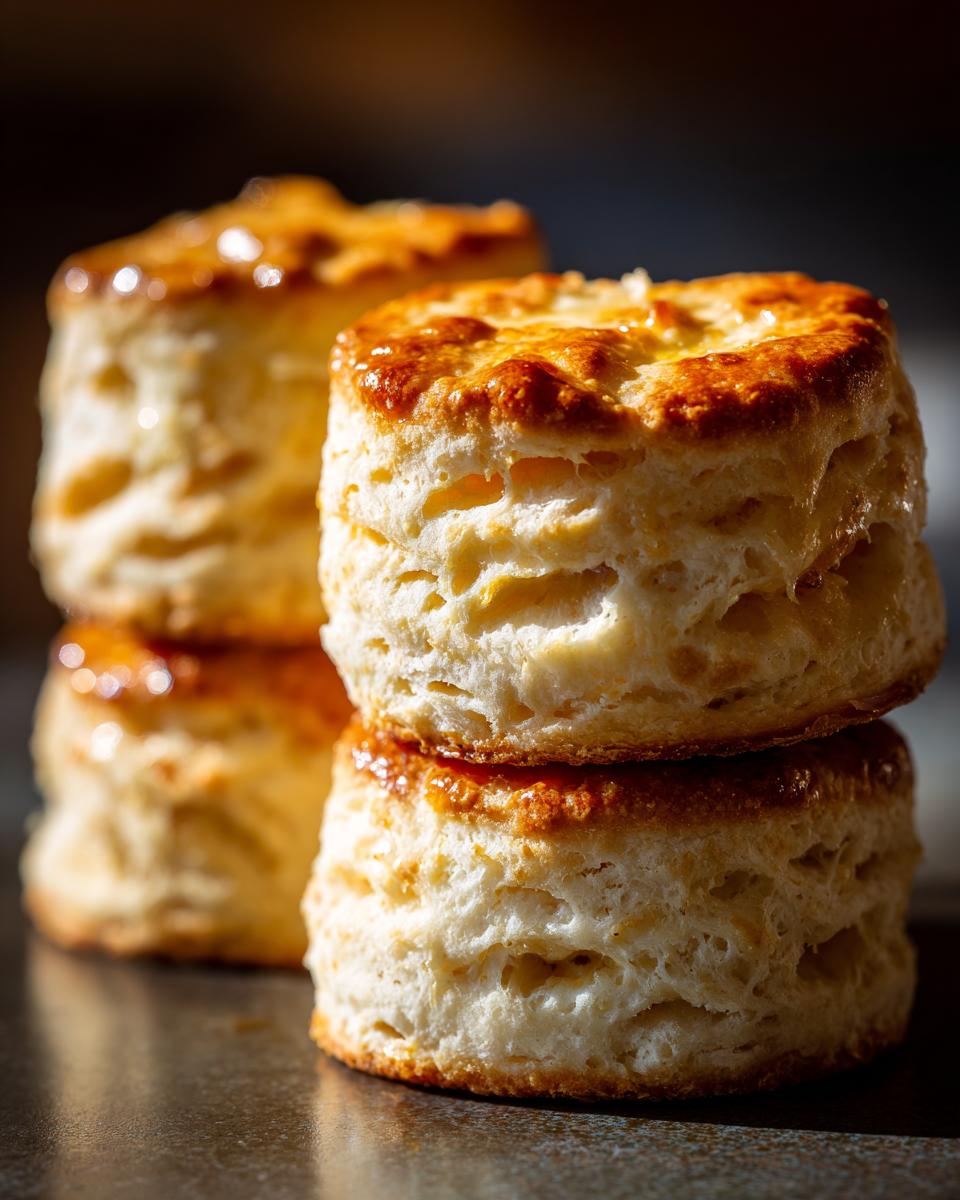 Close-up of fluffy, golden-topped buttermilk biscuits stacked on a dark surface.