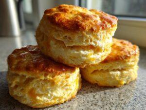 Close-up of three golden-brown, flaky buttermilk biscuits stacked on a counter, glistening from a butter glaze.