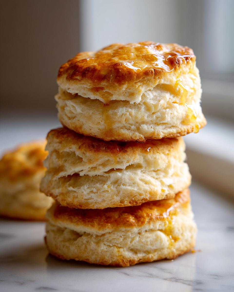 Close-up of a stack of three tall, flaky buttermilk biscuits drizzled with melted honey or butter.