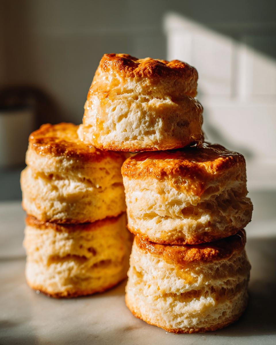 A close-up stack of four golden-brown, flaky buttermilk biscuits glistening slightly, set against a softly lit background.