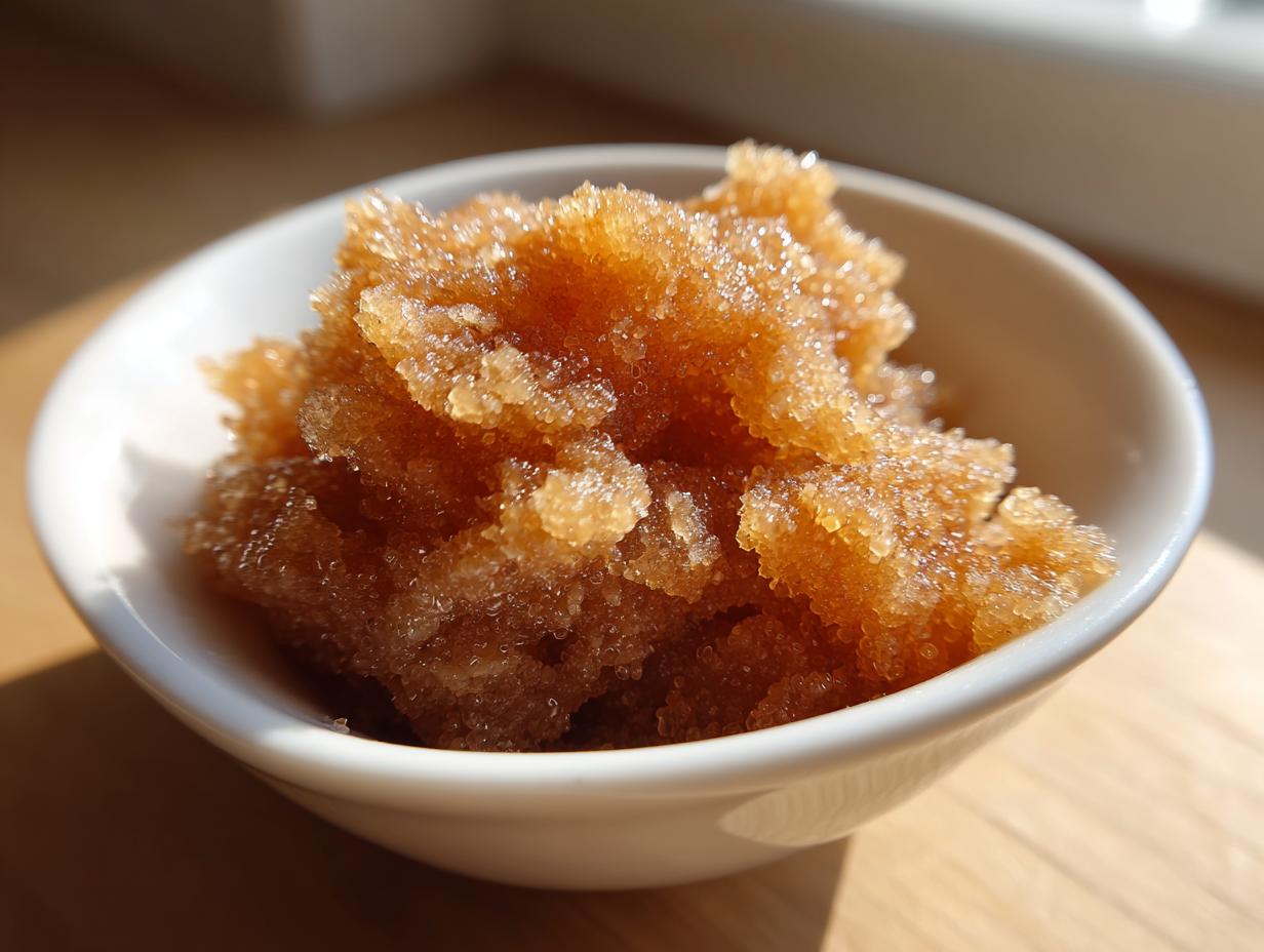 A close-up of fluffy, brown sugar mixture ready to be made into cinnamon butter, served in a small white bowl.