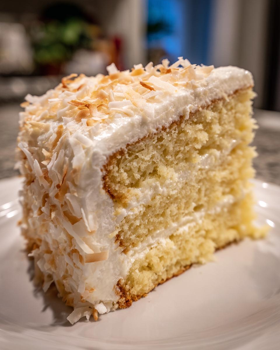 Close-up of a moist slice of fluffy coconut cake layered with white frosting and topped with toasted coconut flakes.