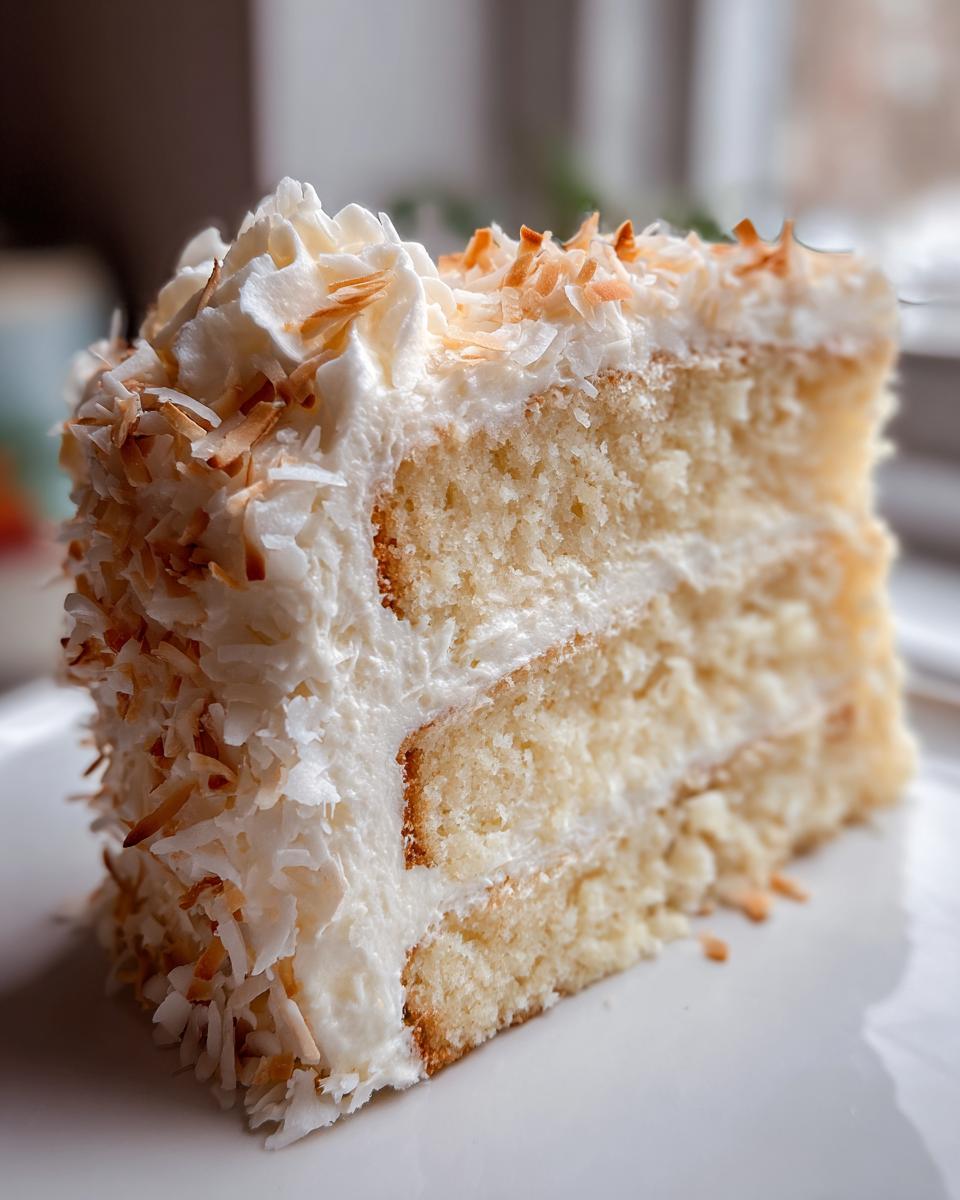 Close-up of a moist, fluffy slice of coconut cake layered with white frosting and covered in toasted coconut flakes.