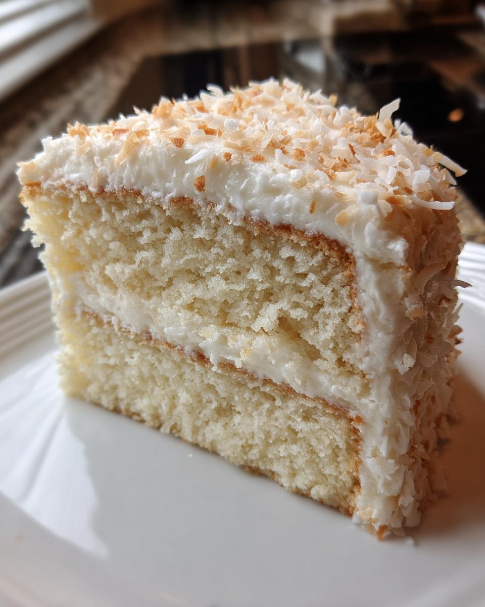 Close-up of a moist, two-layer slice of coconut cake with white frosting and toasted coconut flakes.
