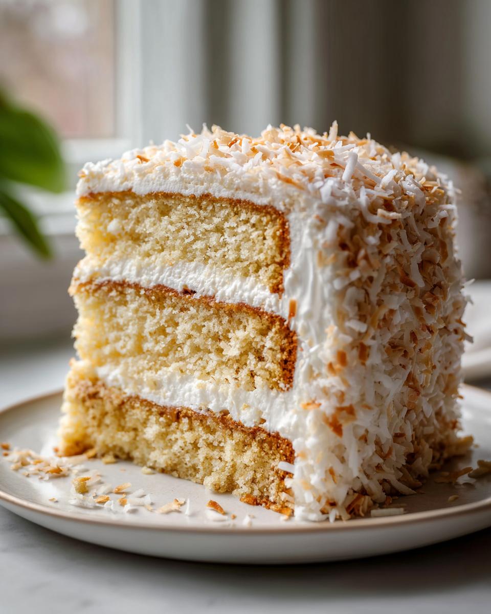 Close-up of a tall slice of fluffy coconut cake layered with white frosting and covered in toasted coconut flakes.