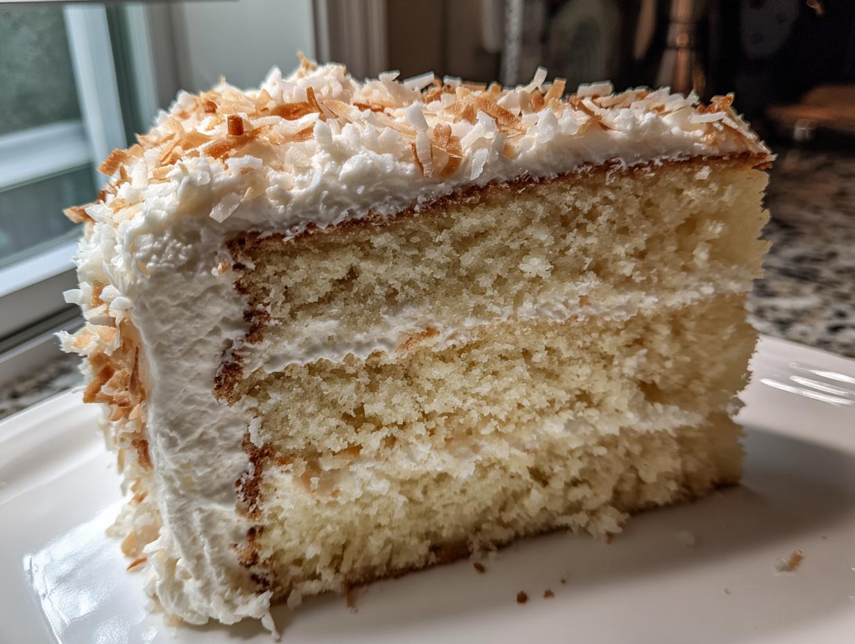 Close-up of a moist slice of fluffy coconut cake layered with frosting and topped with toasted coconut flakes.