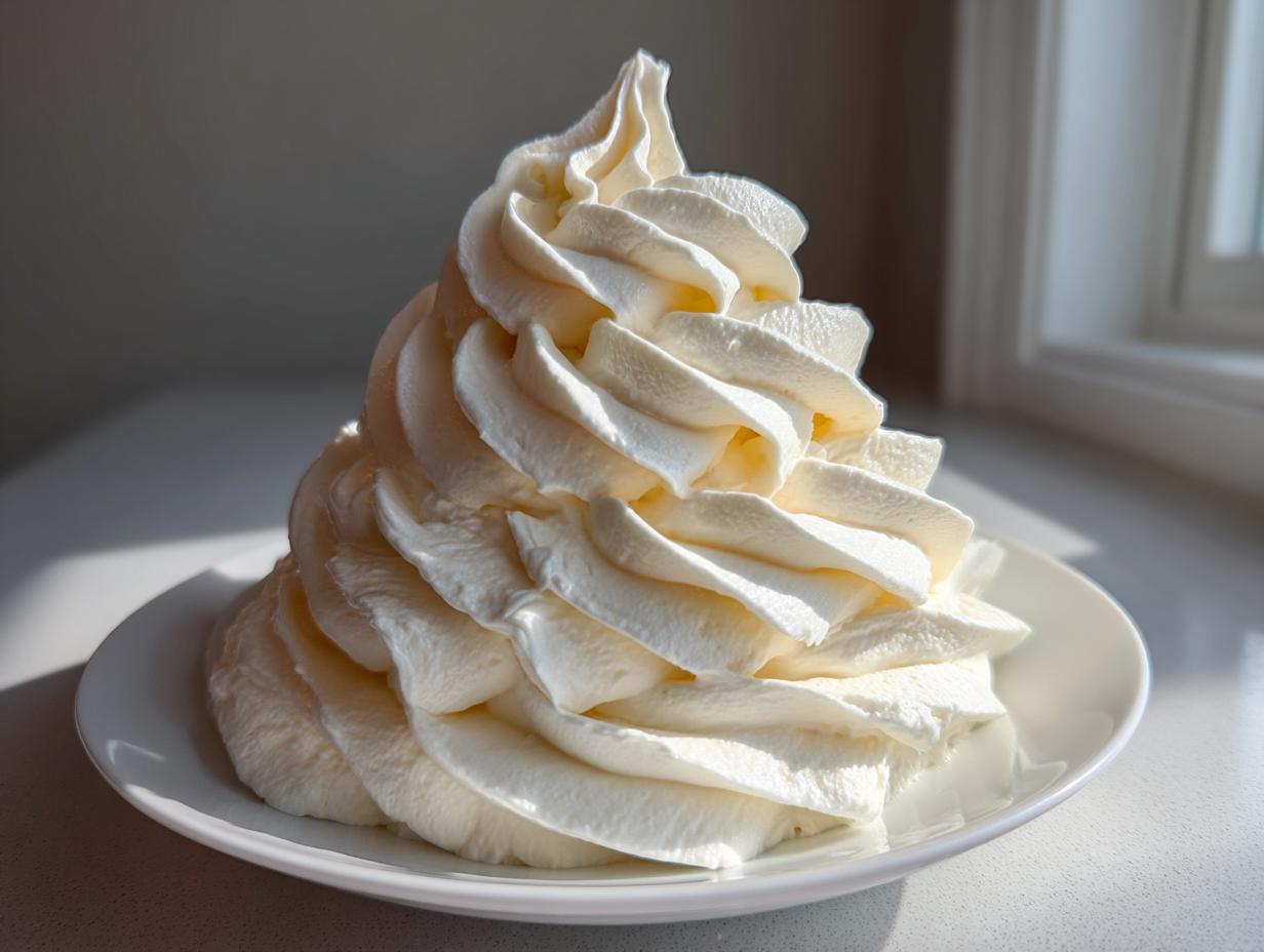 A tall, beautifully piped swirl of white cream cheese frosting sitting on a small white plate, highlighted by natural light.