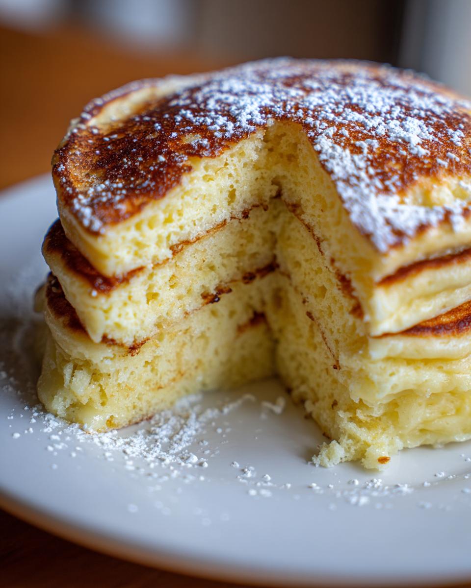 Close-up of fluffy pancakes stacked high, showing the airy interior texture, dusted with powdered sugar.