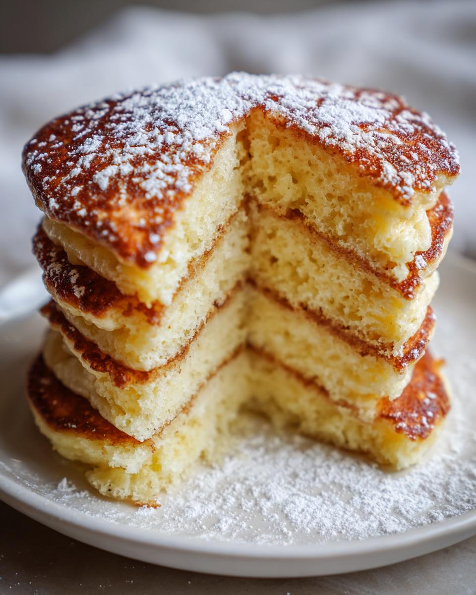Close-up of a tall stack of fluffy pancakes cut open to show the airy interior, dusted with powdered sugar.