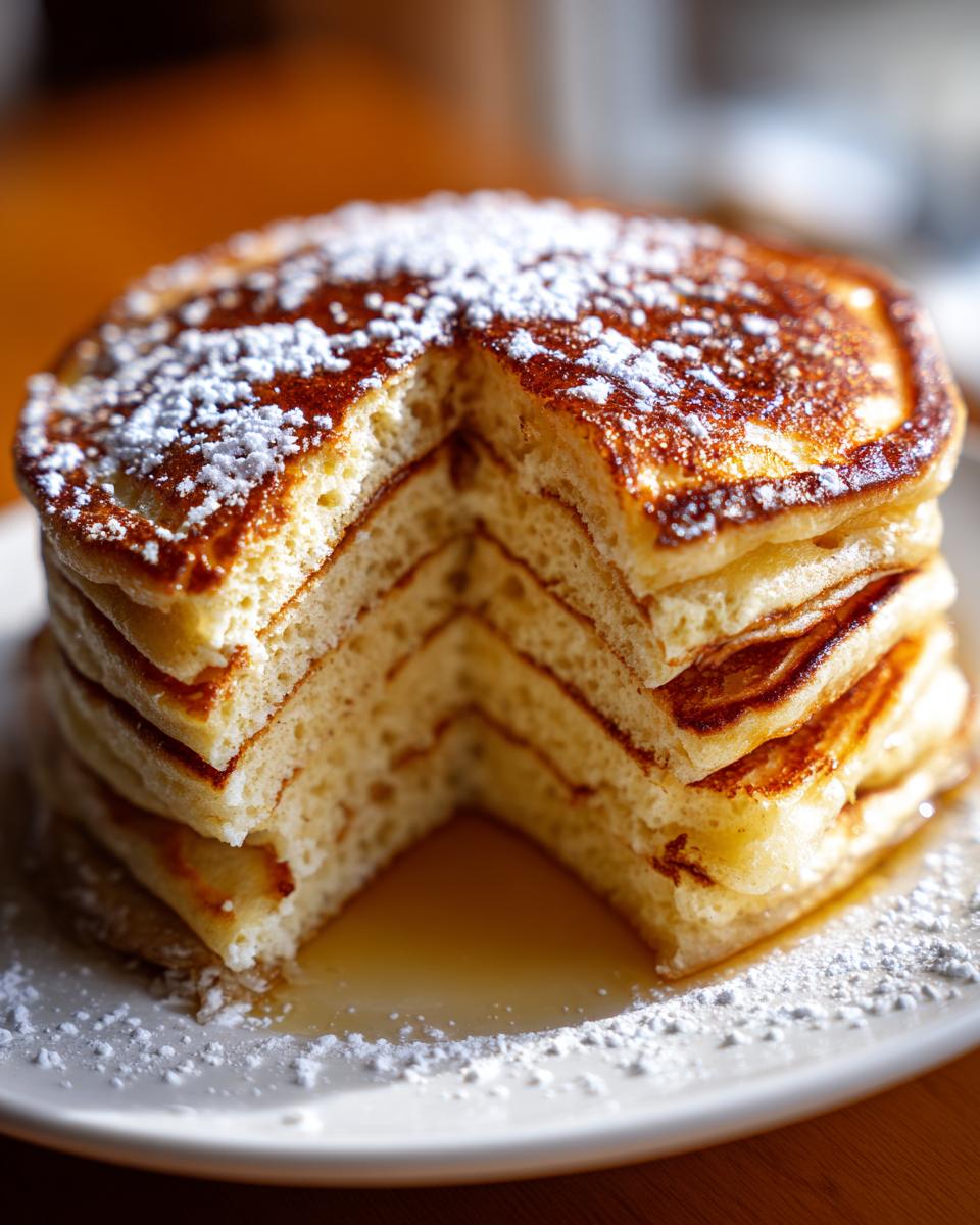 Close-up of a tall stack of fluffy pancakes with a slice removed, dusted heavily with powdered sugar.