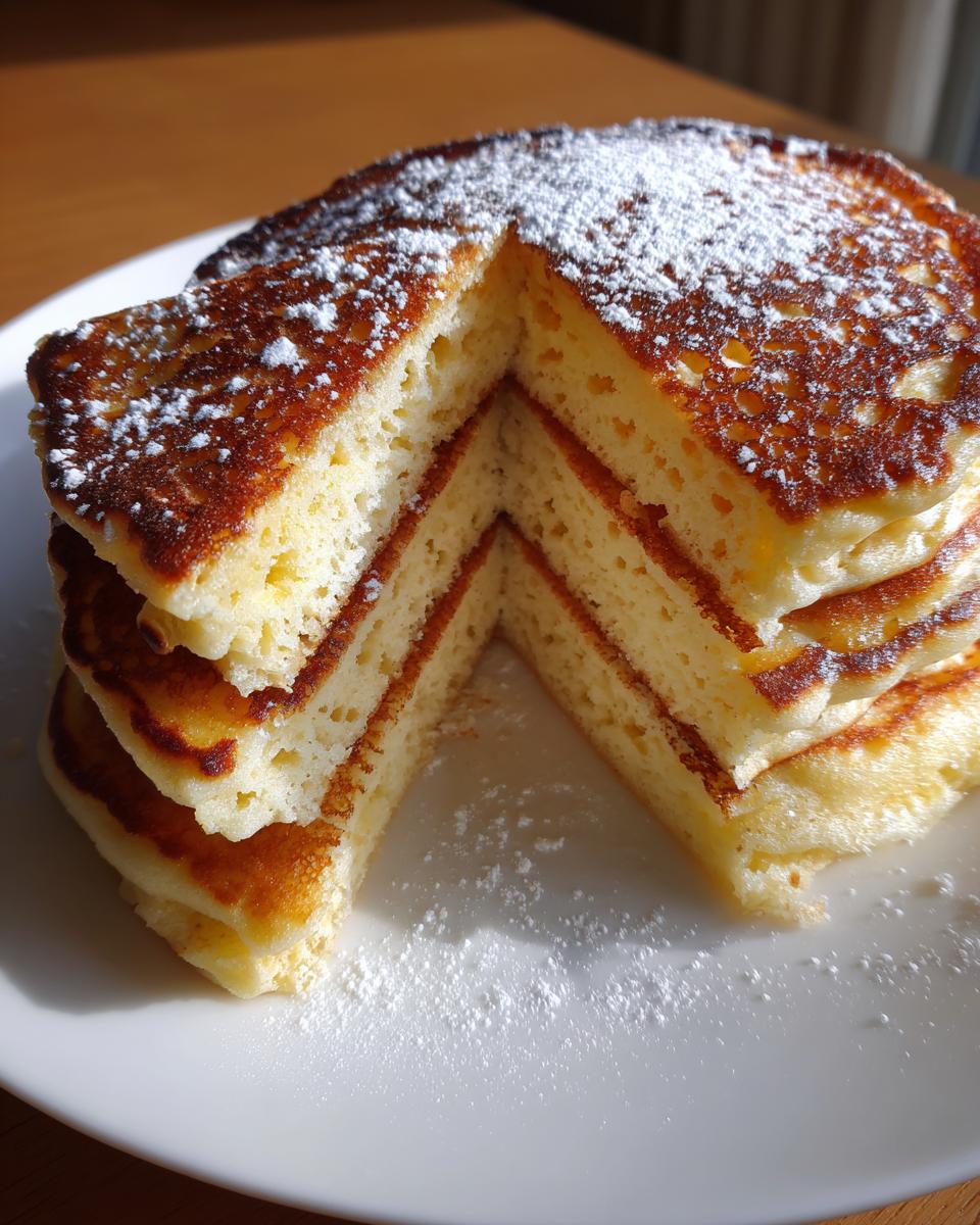A tall stack of incredibly fluffy pancakes, cut to show the airy interior, dusted with powdered sugar.