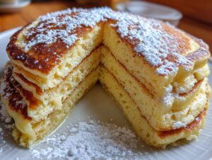 Close-up of a thick stack of fluffy pancakes cut open, dusted heavily with powdered sugar.