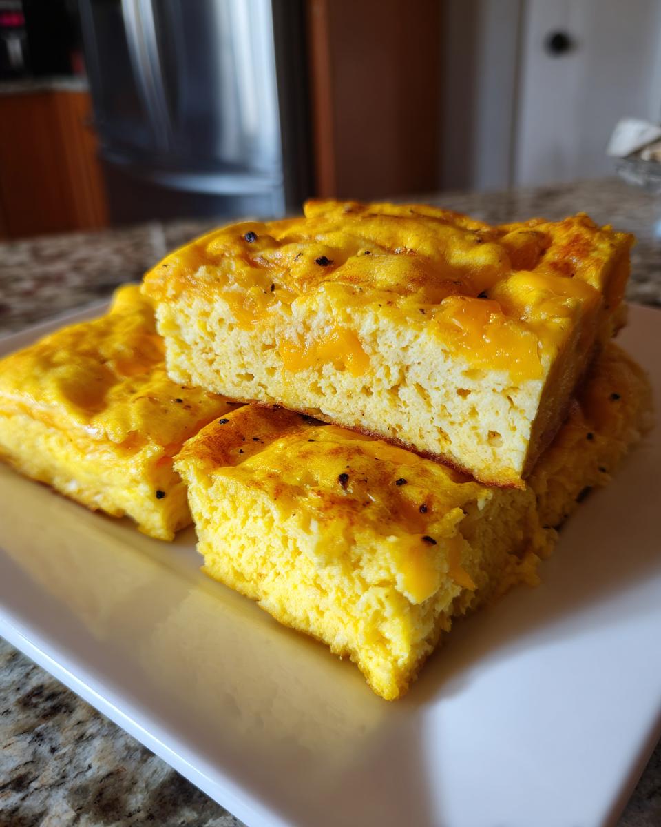 Close-up of several squares of fluffy sheet pan eggs topped with melted cheddar cheese, ready to serve.