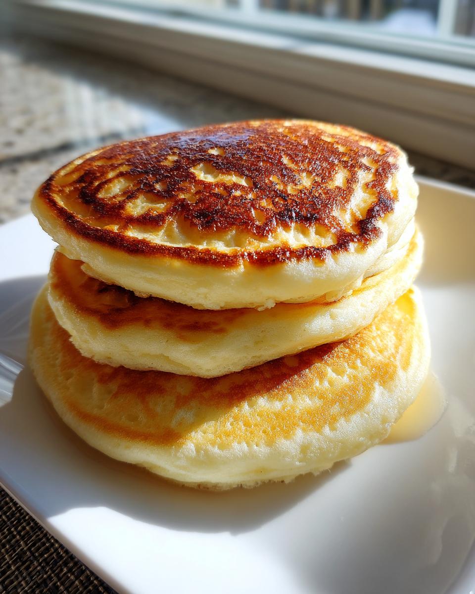 A tall stack of three fluffy sourdough pancakes with perfectly golden-brown, slightly caramelized tops, served on a white plate.