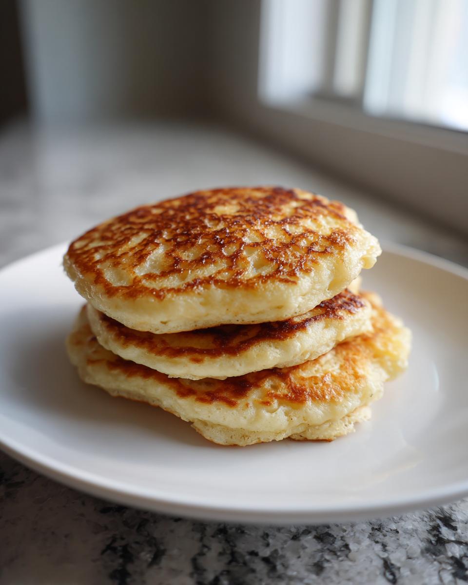 A stack of three golden-brown sourdough pancakes with beautiful lacy tops sitting on a white plate.