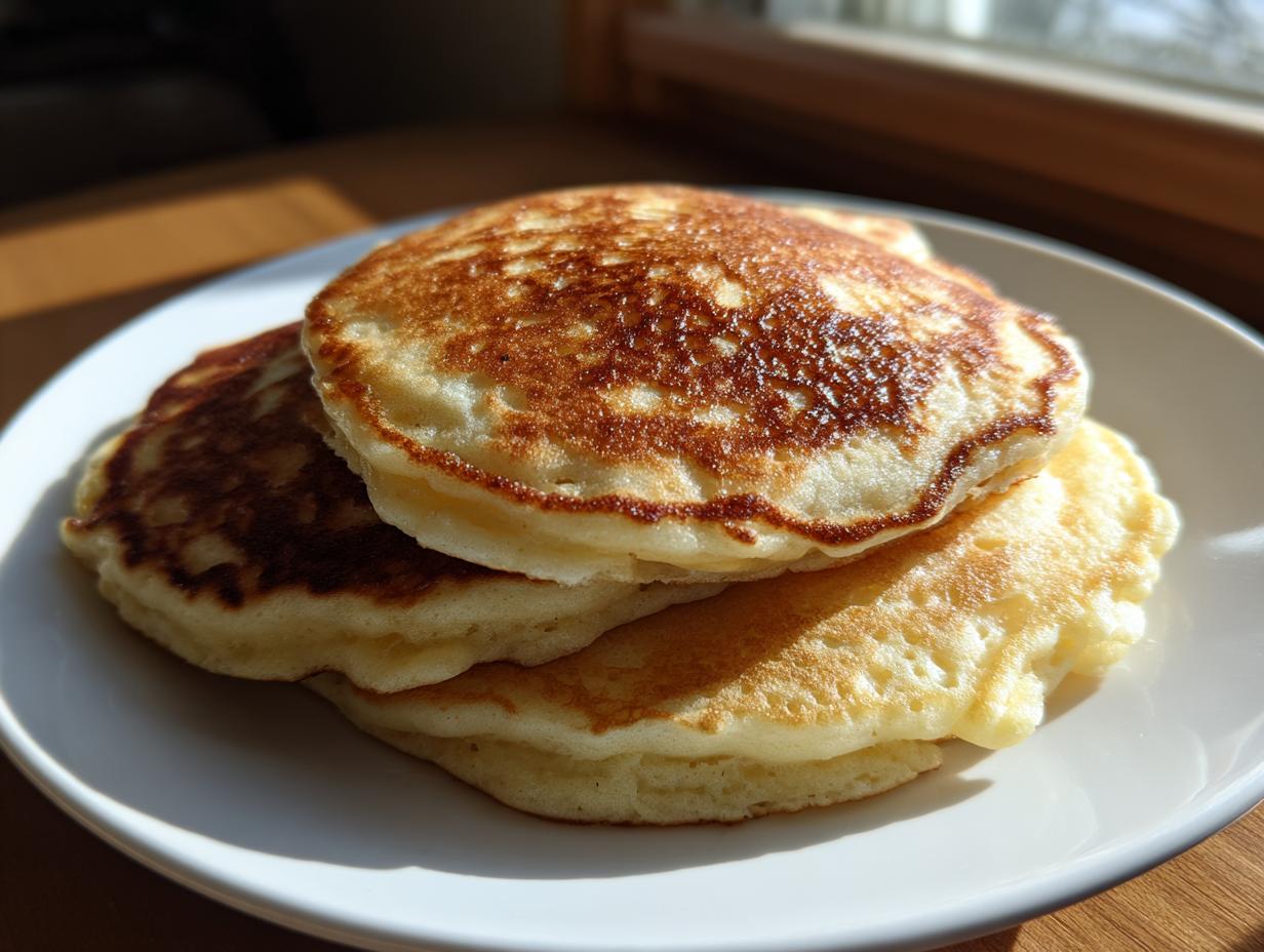A stack of three thick, fluffy sourdough pancakes with perfectly golden-brown, bubbly tops served on a white plate.