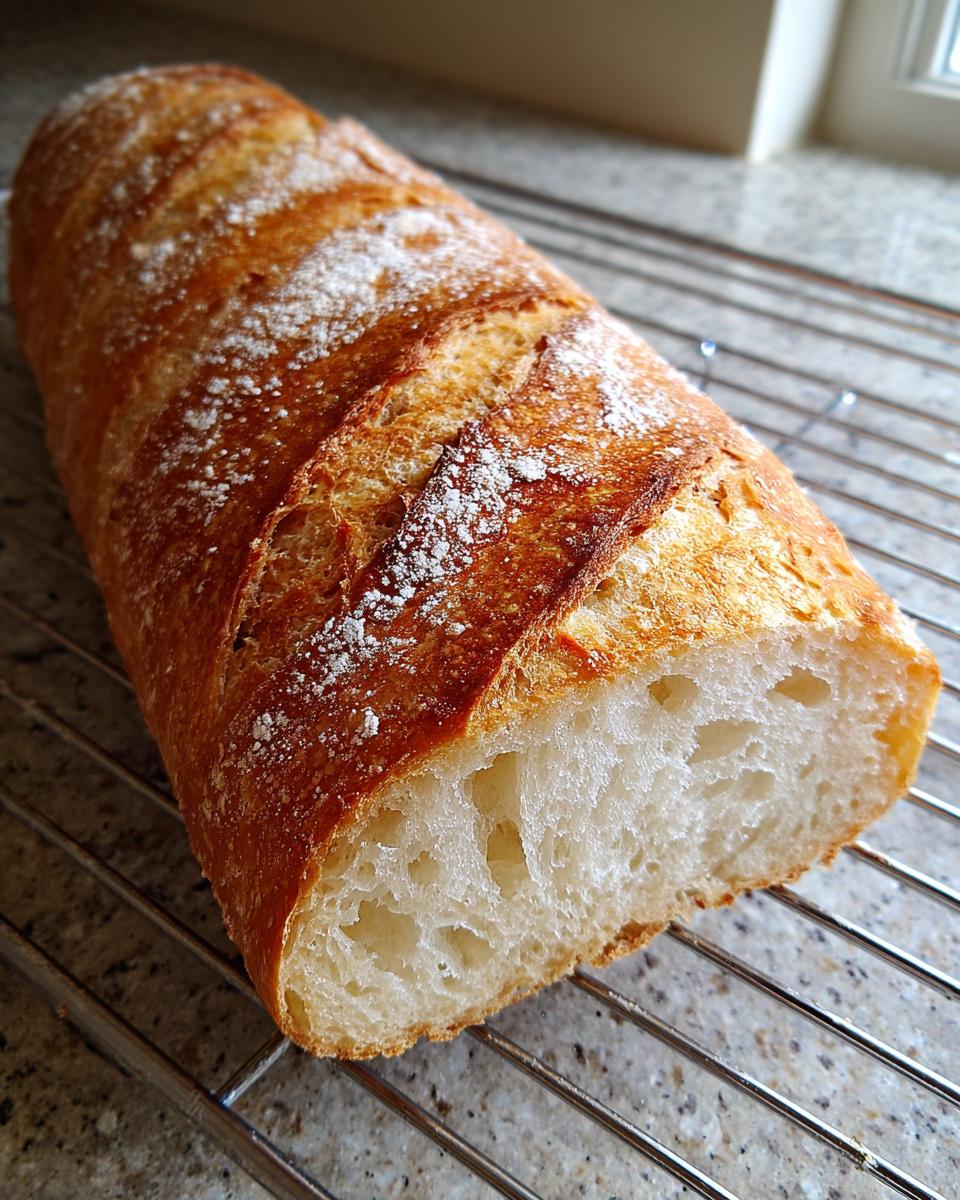 A close-up of a golden-brown, crusty loaf of homemade french bread resting on a wire cooling rack.