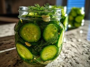 Close-up of sliced cucumbers, dill, and garlic in a jar of refrigerator pickles, ready to be chilled.