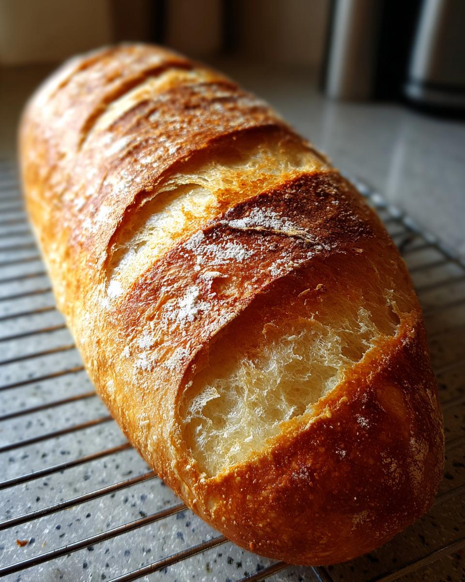 A golden-brown, freshly baked loaf of french bread resting on a wire cooling rack, showing a crisp, scored crust.