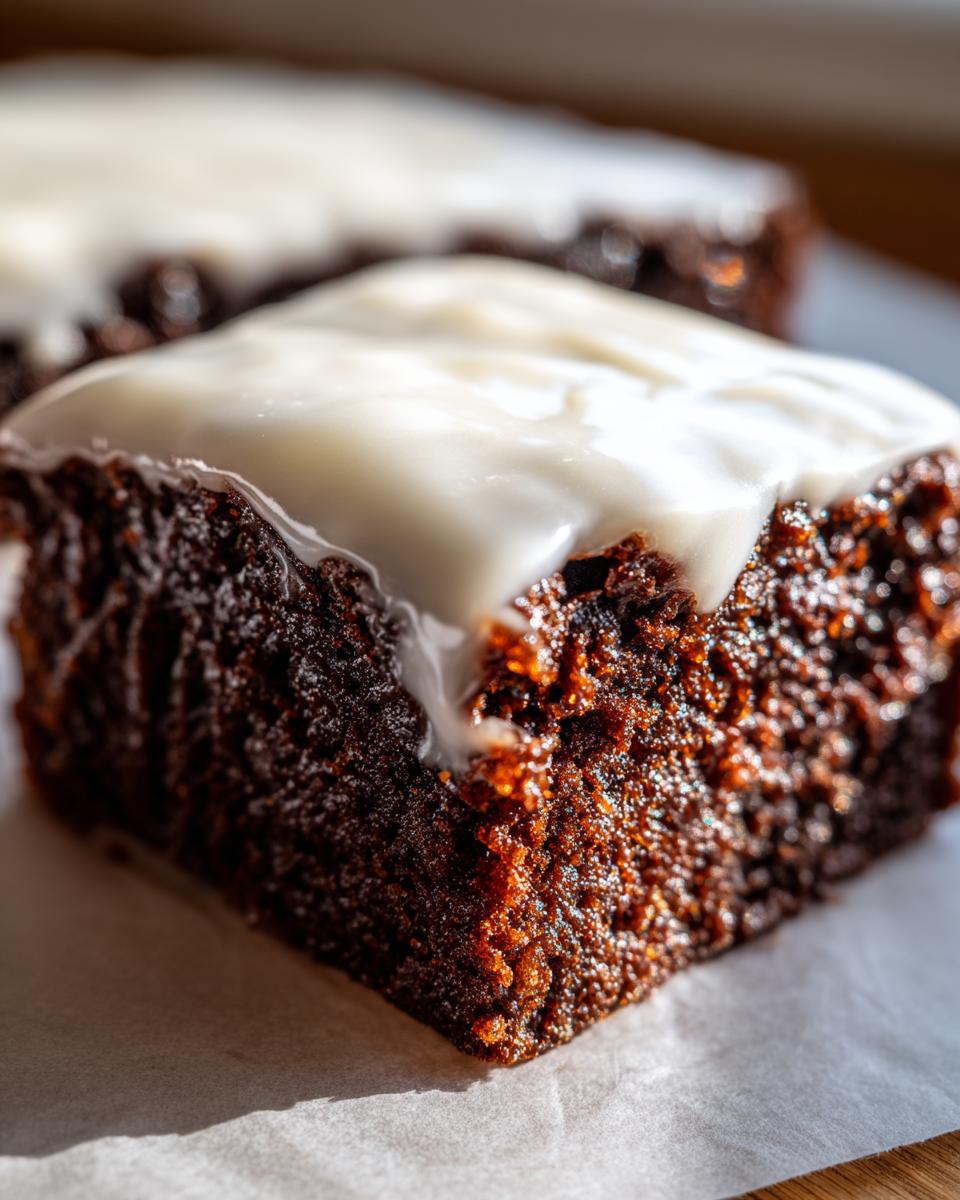 A close-up, macro shot of a rich, dark gingerbread brownies square topped with thick white cream cheese frosting.