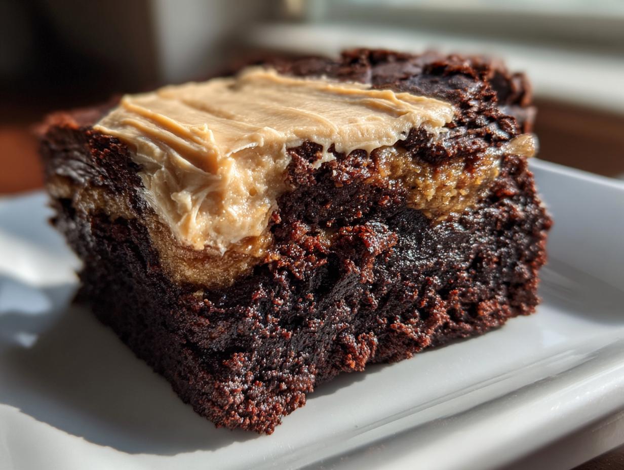 Close-up of a rich, fudgy banana bread brownies square topped with creamy peanut butter frosting.
