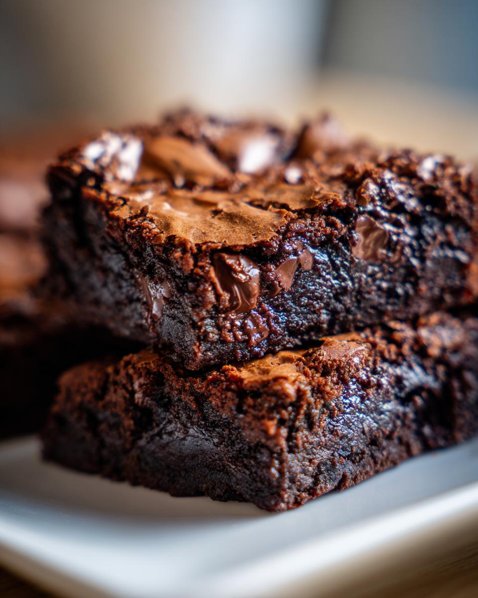 Two stacked, incredibly fudgy brownies with a shiny, cracked top and visible melted chocolate chips.