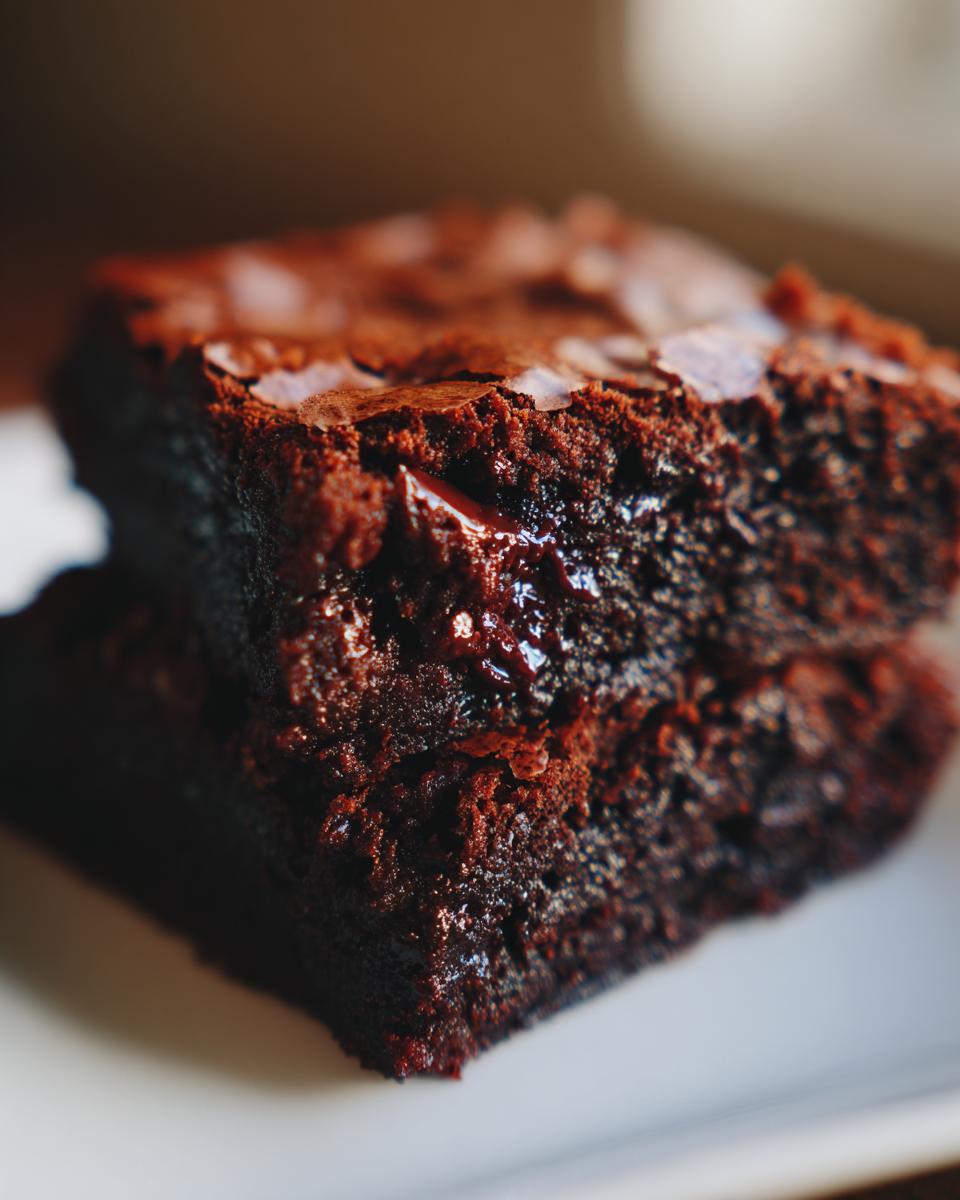 Extreme close-up of two stacked, incredibly fudgy brownies showing a moist interior and shiny, crackled top.