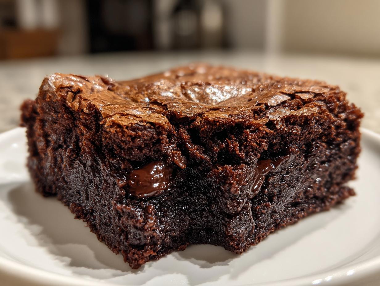 A close-up shot of a single, incredibly fudgy brownie square showing a shiny, crackled top and molten chocolate chips inside.