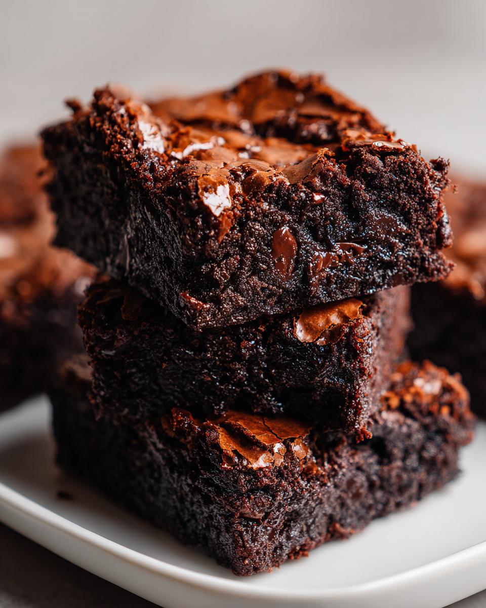 Close-up of three stacked, incredibly fudgy brownies showing melted chocolate chips and a shiny crust.
