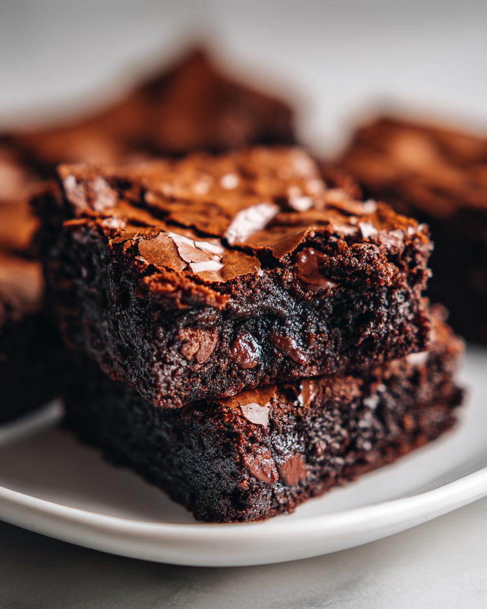 Close-up of two stacked, fudgy brownies topped with flaky sea salt and visible chocolate chips.