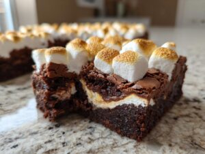 A close-up shot of a fudgy hot chocolate brownies square topped with toasted marshmallows.