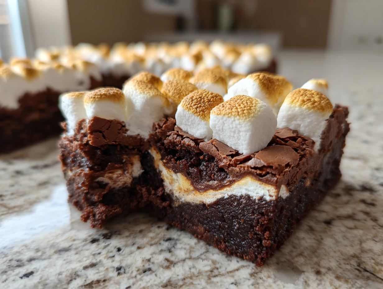 A close-up shot of a fudgy hot chocolate brownies square topped with toasted marshmallows.