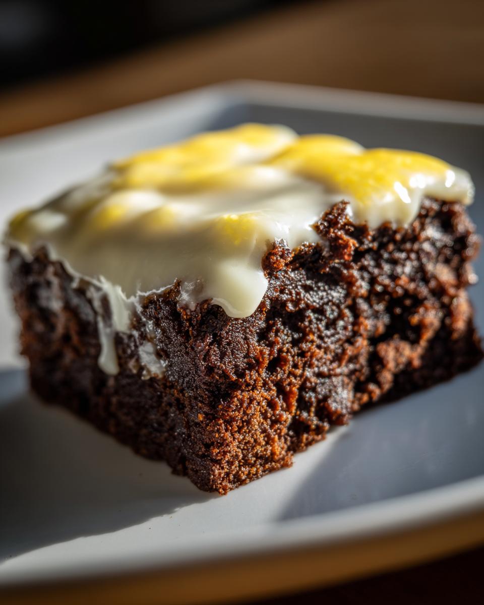 Close-up of a fudgy, dark chocolate square topped with white and yellow Lemon Brownies glaze.