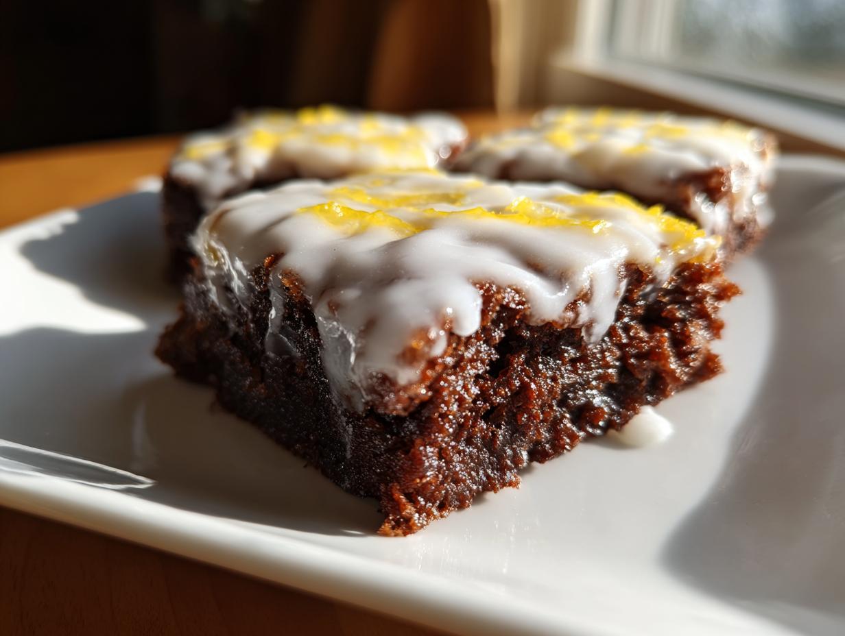 Close-up of fudgy Lemon Brownies topped with white glaze and bright yellow lemon zest.
