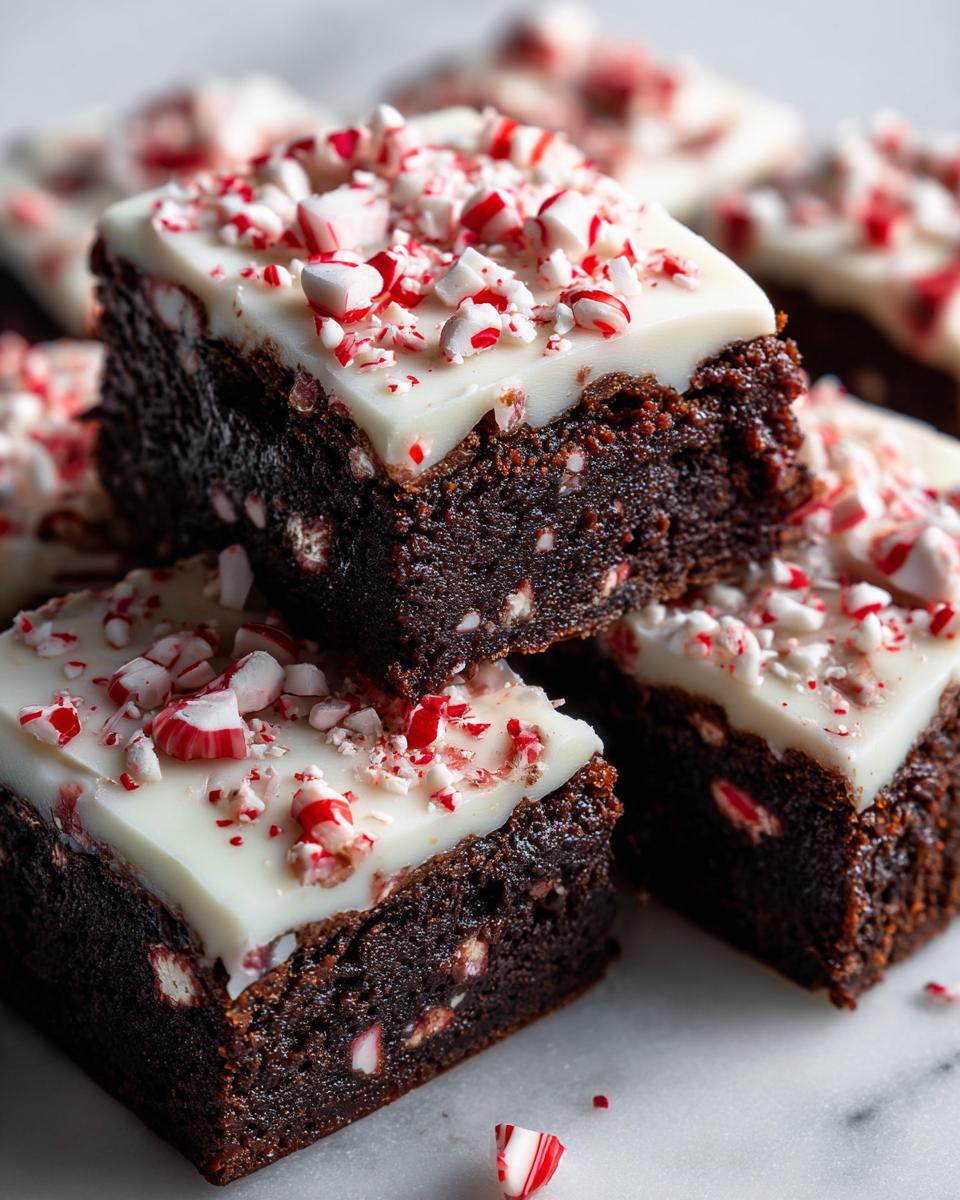 Close-up of fudgy peppermint brownies topped with white frosting and crushed candy canes.