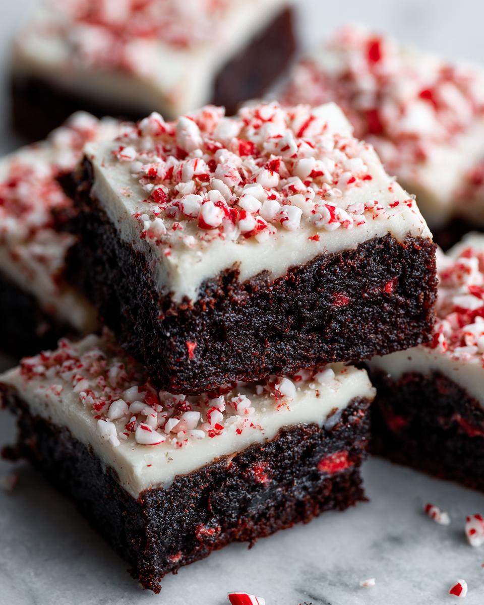 Close-up of fudgy peppermint brownies stacked, topped with white frosting and crushed candy canes.