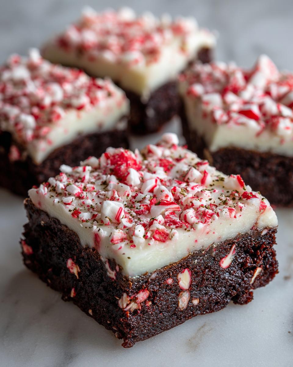 A close-up of a fudgy peppermint brownie square topped with white frosting and crushed candy canes.
