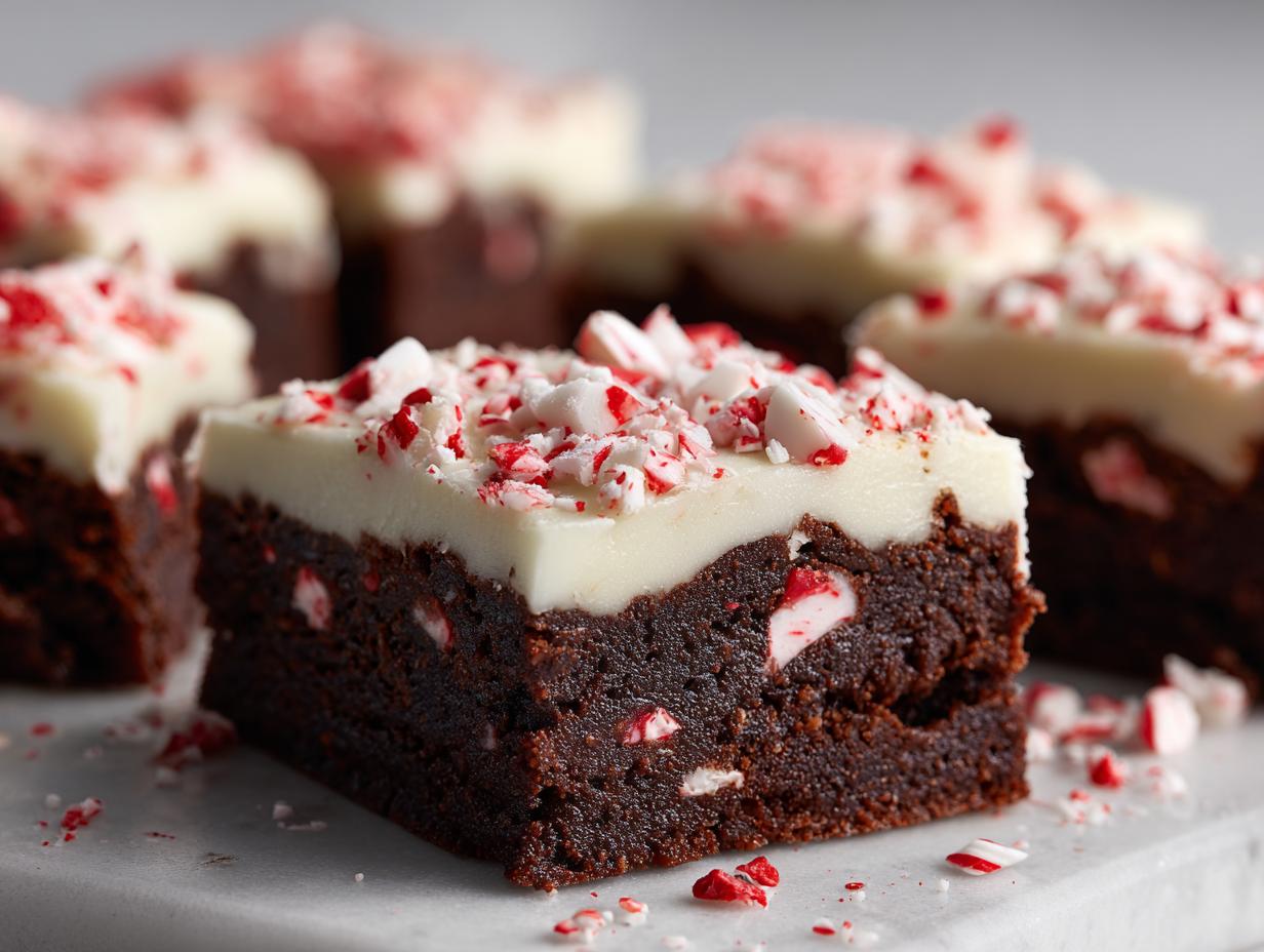 Close-up of a fudgy peppermint brownie square topped with white frosting and crushed candy canes.