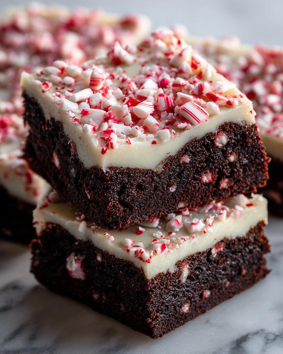 Two stacked fudgy peppermint brownies topped with white frosting and crushed candy canes.