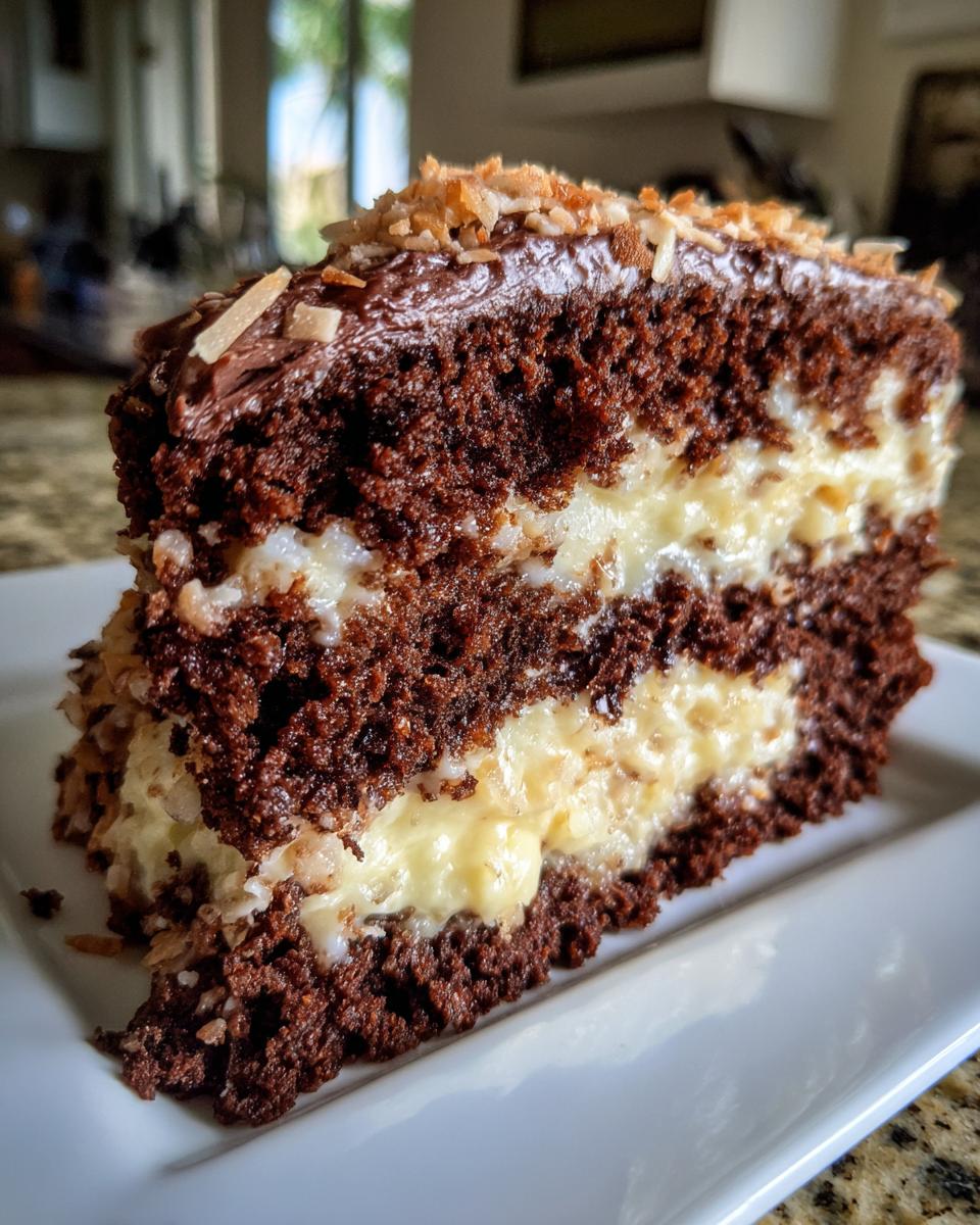 Close-up of a rich slice of german chocolate cake recipe with two layers of dark chocolate cake and creamy coconut-pecan filling.