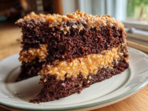 Close-up of a rich slice of german chocolate cake recipe showing dark chocolate layers and coconut pecan frosting.