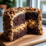 Cross-section of a rich, dark chocolate layer cake showing pecan coconut frosting layers for the german chocolate cake recipe.