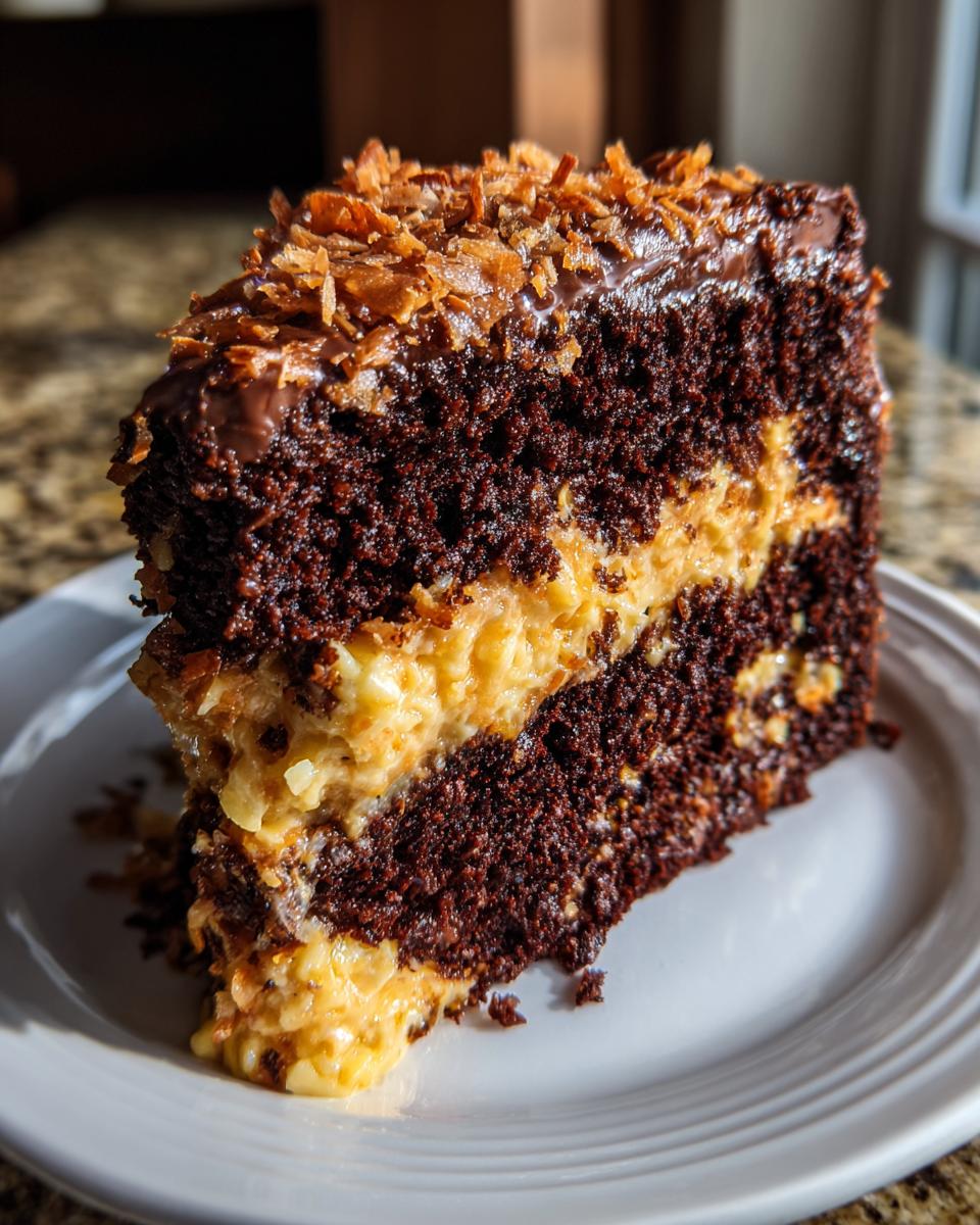A rich slice of german chocolate cake recipe showing dark chocolate layers and coconut-pecan filling.