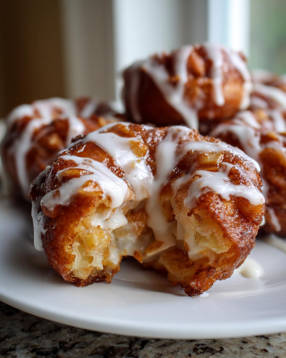 Close-up of a stack of golden brown baked apple fritters drizzled with white icing, one fritter has a bite taken out showing the soft interior.