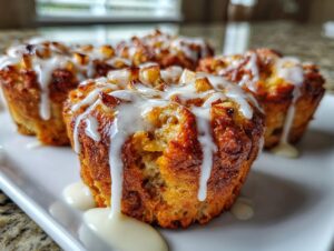 Four golden brown baked apple fritters drizzled generously with white vanilla glaze, served on a white plate.