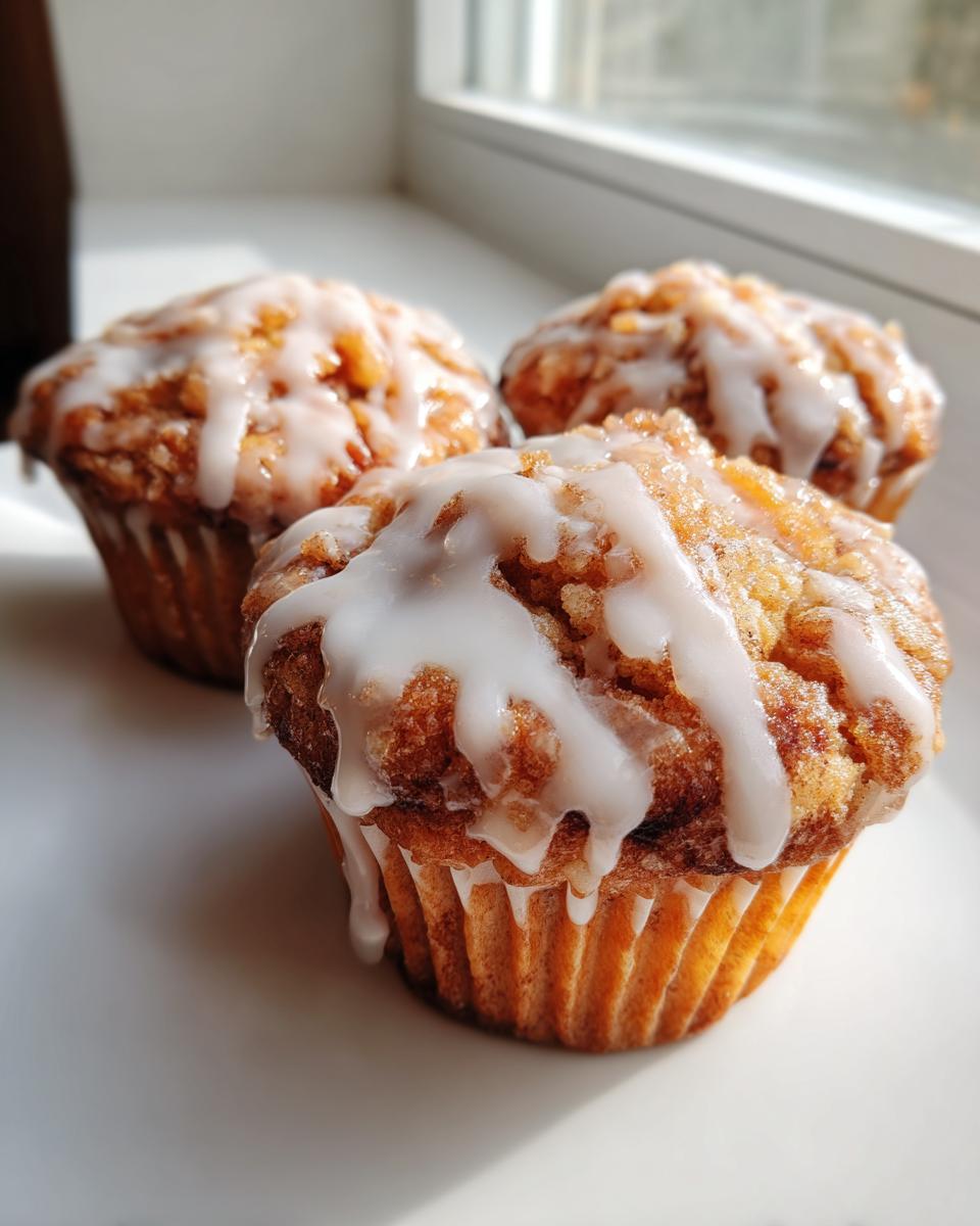 Three freshly baked cinnamon roll muffins topped with thick white icing, sitting on a white surface near a window.