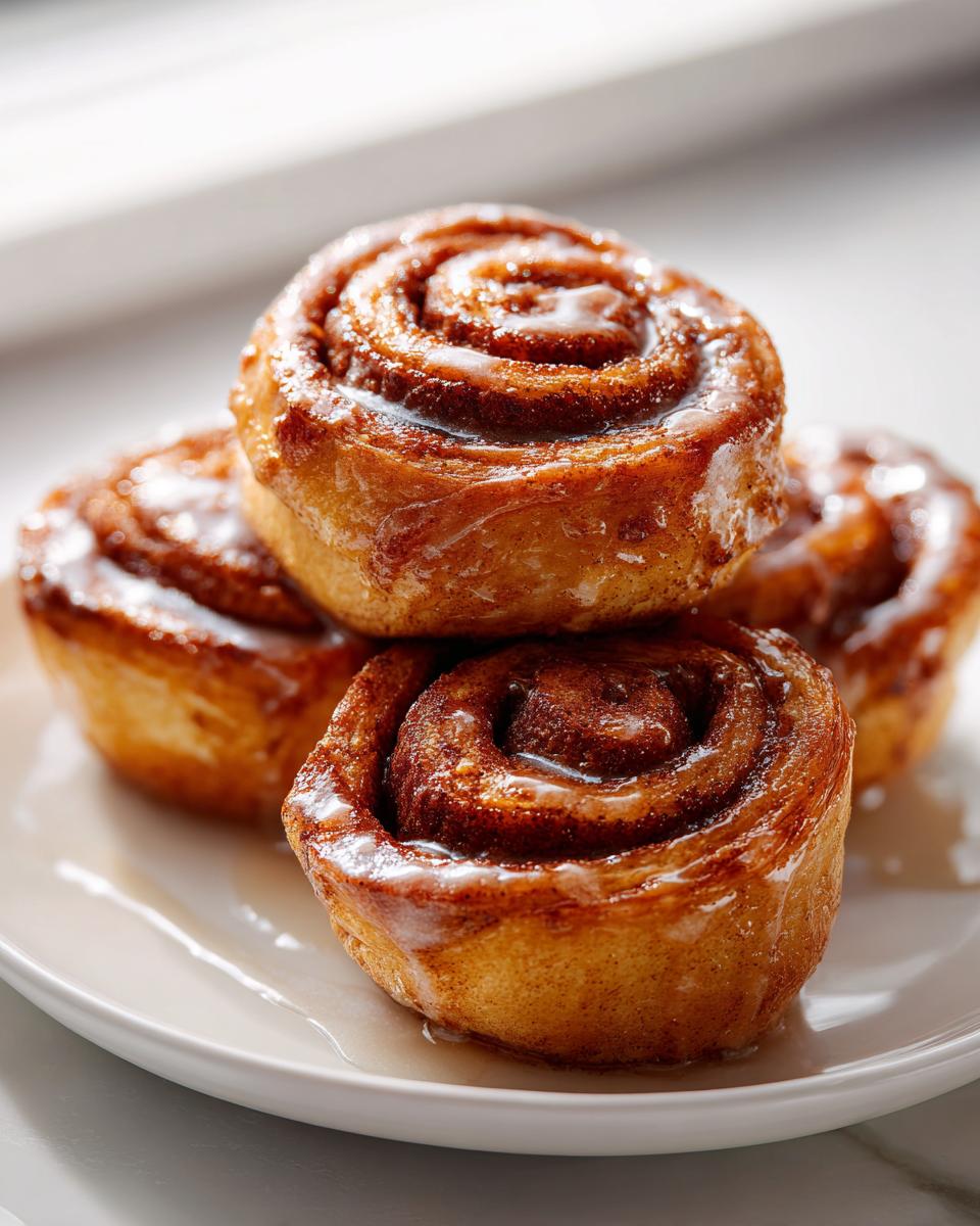 A stack of four glazed cinnamon rolls, perfect for making cinnamon roll french toast.