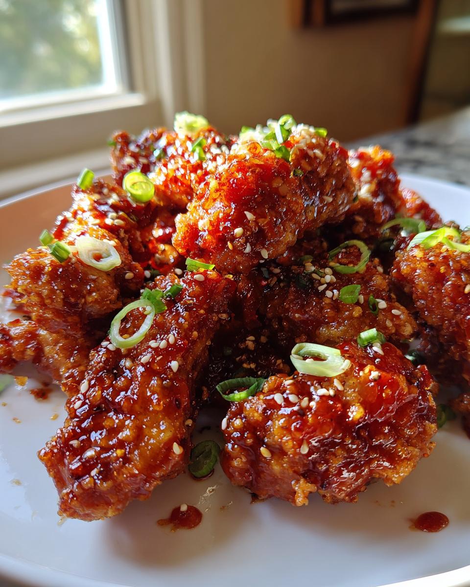 Close-up of crispy korean fried chicken pieces coated in a shiny, dark red glaze and topped with sesame seeds and green onions.