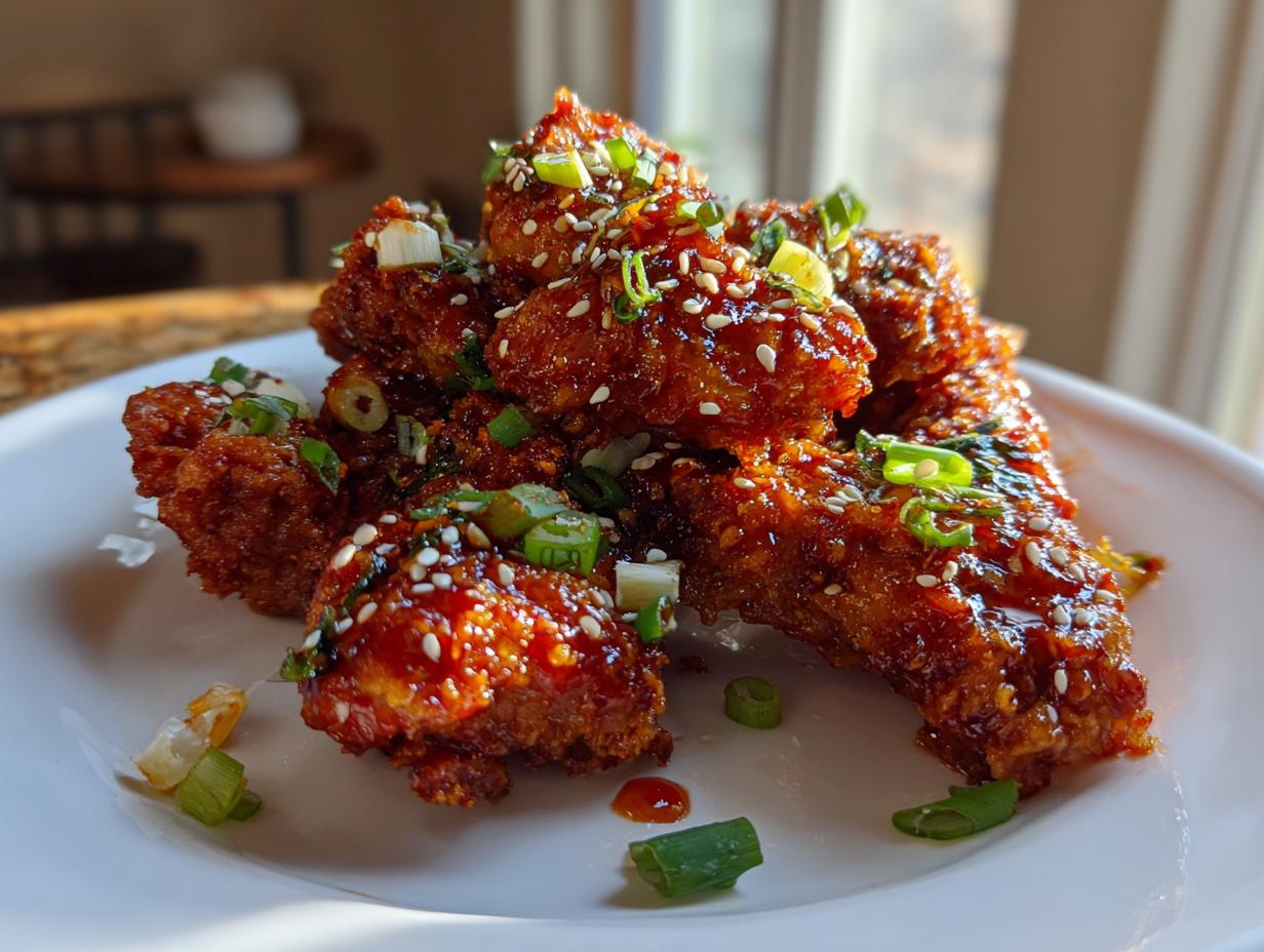 A close-up of crispy, glazed korean fried chicken pieces topped with sesame seeds and chopped green onions.
