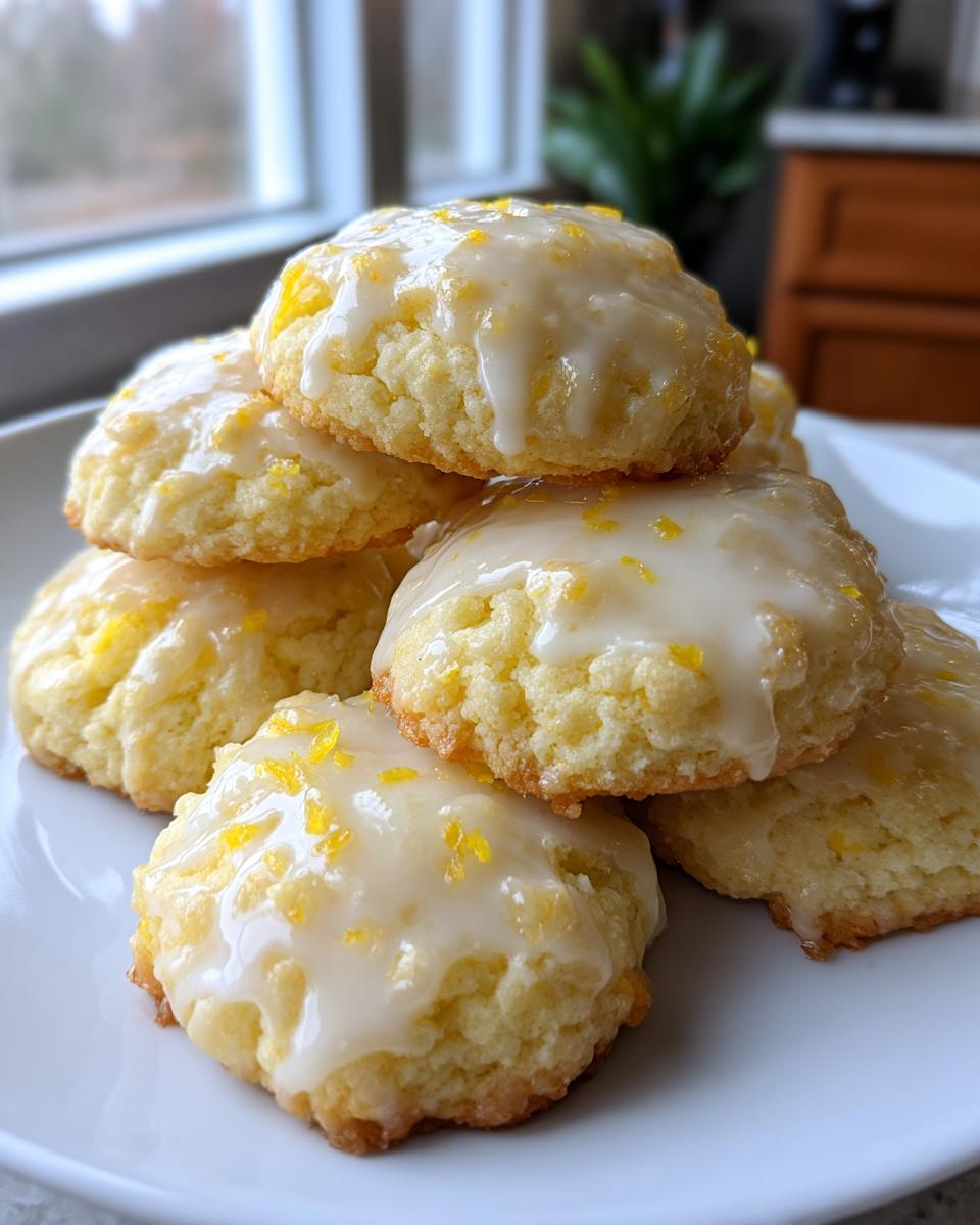 A stack of soft, glazed lemon cookies topped with bright yellow lemon zest on a white plate.